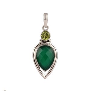 Green Onyx & Peridot Gemstone Silver Pendant